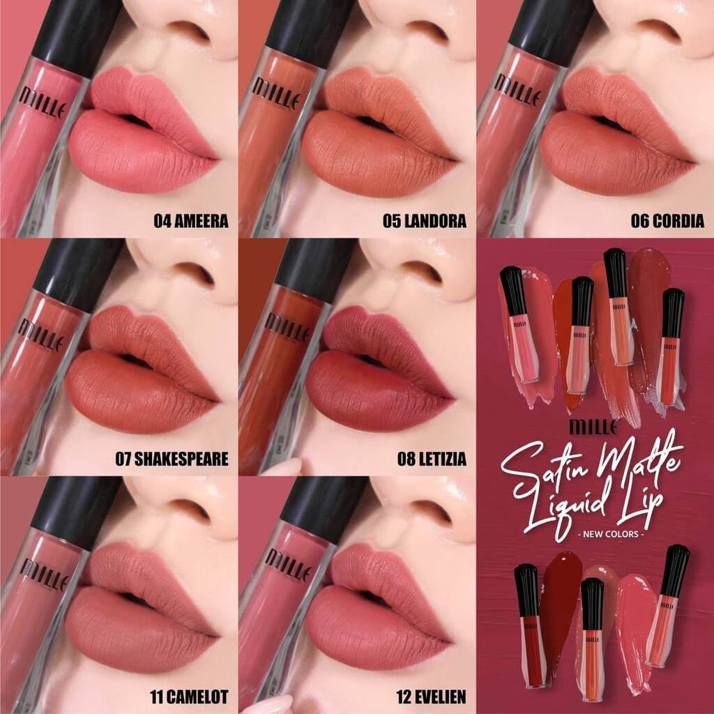 Mille Satin Matte Liquid Lip ลิปสติกเนื้อแมตท์ ผิวสัมผัสเรียบเนียนดุจกำมะหยี่เนื้อนุ่ม ติดทนนาน 24 ชม. หมดกังวลกับปัญหาเรื่องสีซีดจางระหว่างวัน เนรมิตริมฝีปากให้อวบอิ่ม น่าหลงใหล จนทุกคนต้องเหลียวหลัง